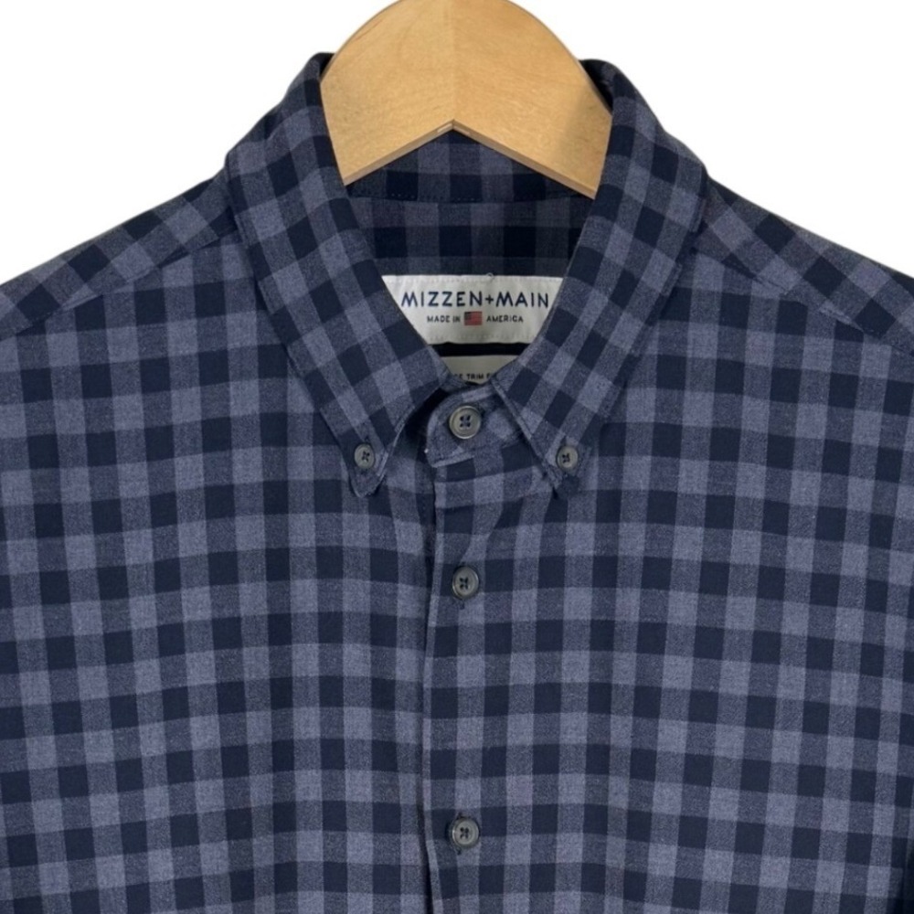Mizzen+Main Trim Fit Gingham Performance Button Down Shirt Mens L Navy Grey